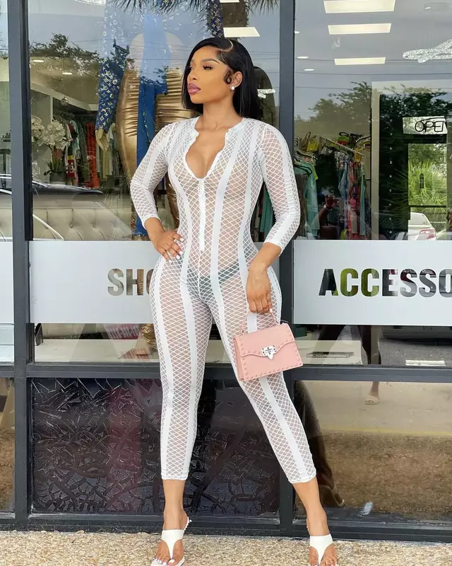 2024 Women's Long Sleeve Round Neck Zipper Sexy Fashion Casual Mesh Solid Color Jumpsuit