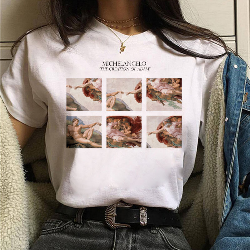 Michelangelo ręce nadruk z różą T-Shirt kobiety czarna koszulka damska moda estetyczne topy koszulka damska z lat 90. Koszulki z okrągłym dekoltem Harajuku