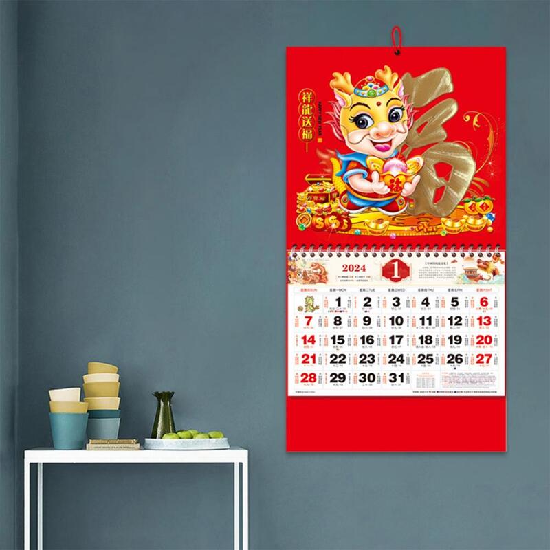 Calendário de parede anual chinês para decoração de casa, calendários de parede, design dragão tradicional, Lunar, Ano Novo, 2024