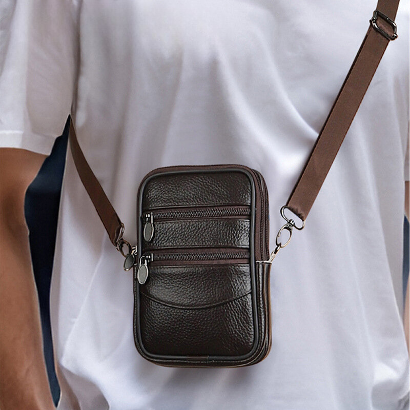 Tas selempang kulit asli untuk pria, tas selempang kecil kulit sapi Vertikal kasual, tas ponsel Mini modis untuk pria