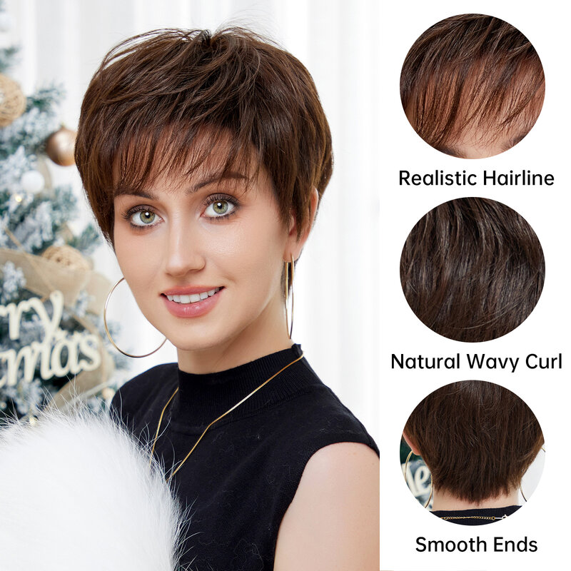 Короткие парики из человеческих волос с челкой Темные Коричневые натуральные Многослойные парики боб из смеси человеческих волос Синтетические парики для женщин
