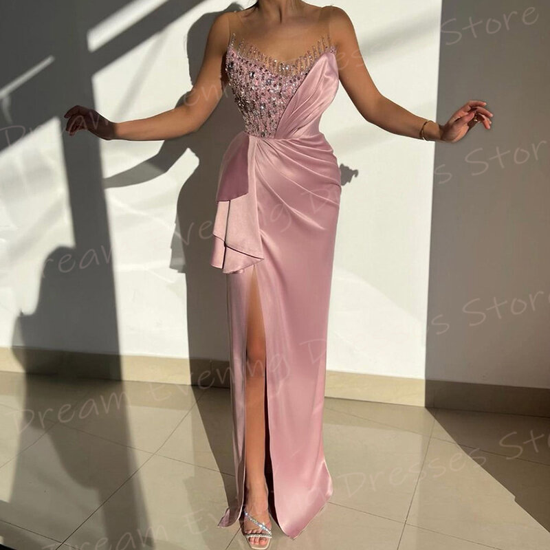 Wspaniałe różowe damskie suknie wieczorowe o kroju syreny urocze suknie na bal maturalny bez rękawów seksowne boczne rozcięcie zroszony szata De Soiree Femmes