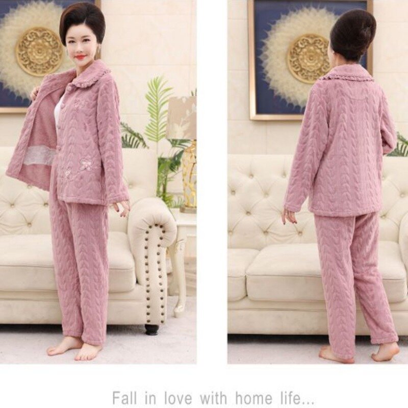 Pijama de lana de Coral para mujer, ropa de dormir gruesa para ancianos de mediana edad, conjunto cálido de talla grande, otoño e invierno, 2023