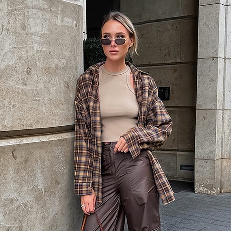 Fashion Brown Plaid Blouses Women 2024 Streetwear Long Sleeve Loose Shirts Casual Turn Down Collar Office Lady Plaid Tops