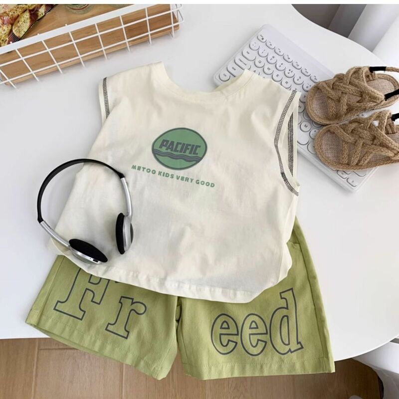 Summer 2024 Infant Baby Boy 2PCS Clothes Set Korean Letter Loose Tank Top Outfit Muslin Thin Print Shorts Toddler Boy Tracksuits