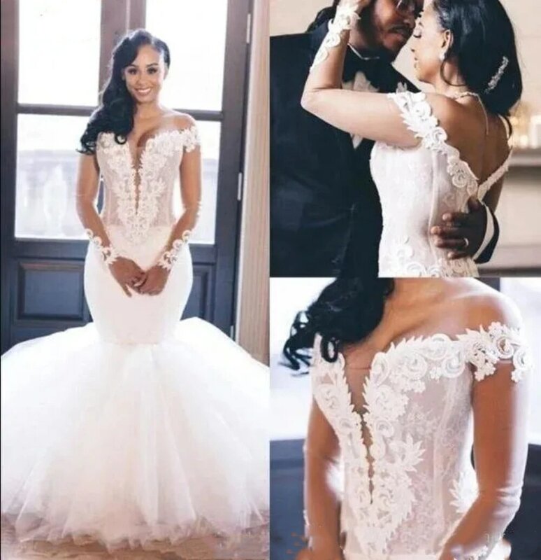 Sexy Off The Shoulder Tulle Mermaid Wedding Dresses Long Sleeves Applique Sweep Train Wedding Bridal Gowns robes de mariée