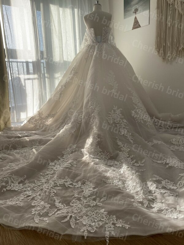 C5043B Strapless Lace Applique and Beading Ball Gown Wedding Dress with Detachable Long Sleeves, Zipper Back Bridal Gown