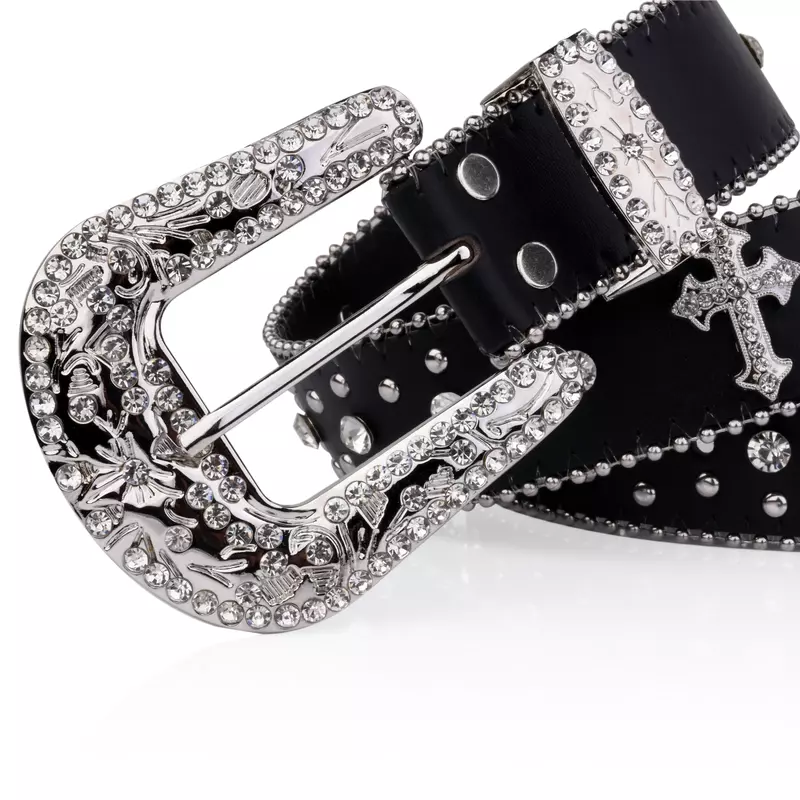 Cinturón con remaches cruzados negros, hebilla grabada, decoración de diamantes de imitación, cinturón de PU, cinturón de Hip Hop para pantalones vaqueros, cinturones Punk para vaquera occidental, 2024