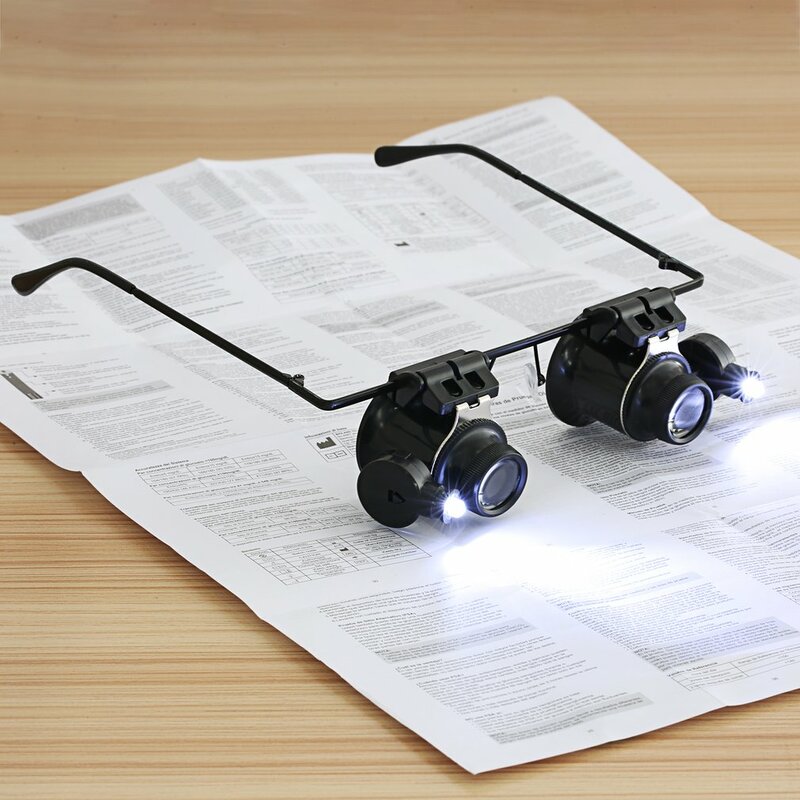 Pembesar 20X terpasang di kepala, kacamata mata ganda, jenis jam tangan, alat inspeksi perhiasan dengan dua lampu LED yang dapat disesuaikan