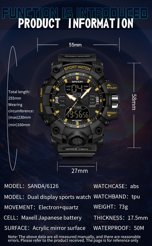 SANDA-Montres de sport étanches pour hommes, affichage des touristes, militaire, alarme, chronomètre, montre-bracelet à quartz, horloge numérique masculine, 6126