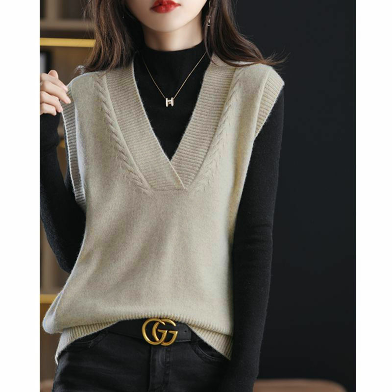 Пуловер женский, 2022-осень, однотонный, с V-образным вырезом, свободный, без рукавов