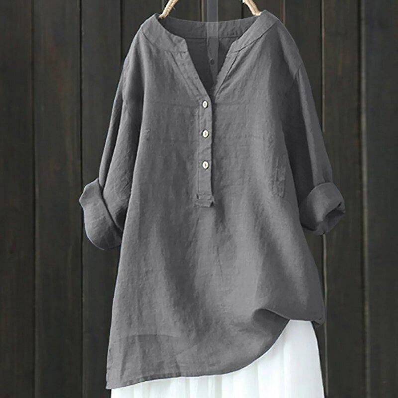 2024 Summer Long Sleeved Baggy Tunic Shirt Vintage Button Loose Long Sleeved Shirt Solid Color V Neck Casual Fashion Linen Shirt