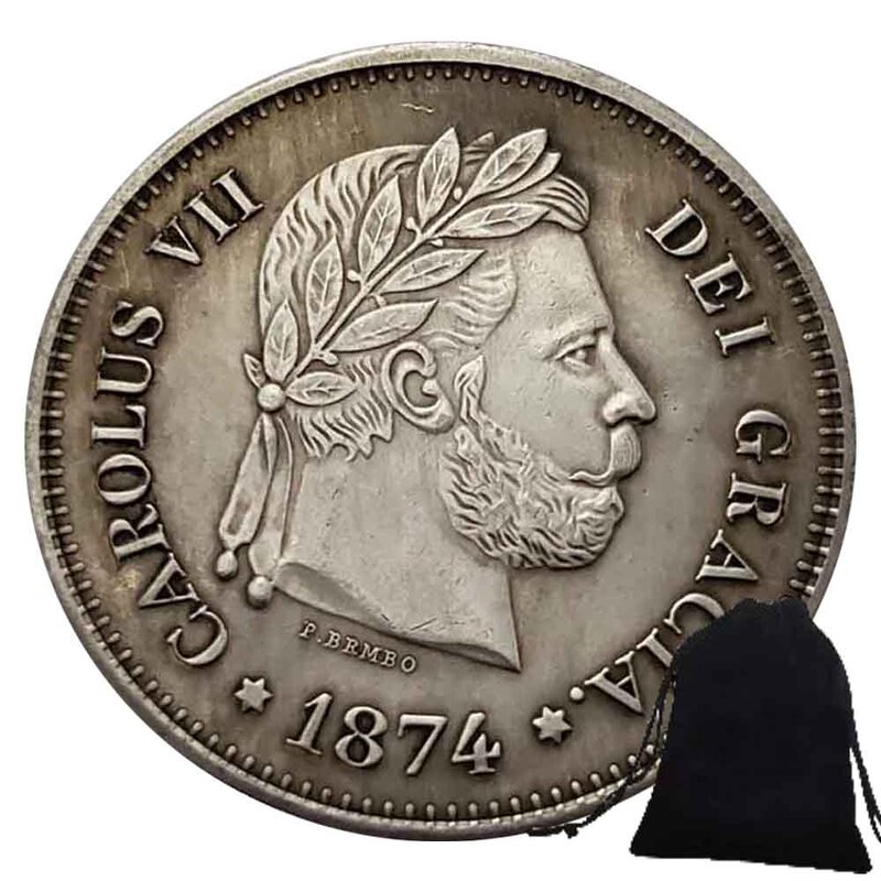 Lusso 1874 antico spagna divertente coppia moneta d'arte/moneta da discoteca/buona fortuna moneta tascabile commemorativa + borsa regalo