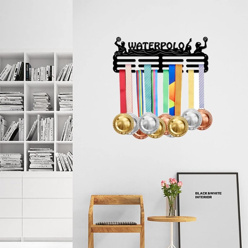 Porte-Médaille en Noix de Coco T1 pour Joueur de Water Polo, Support Mural en Métal Robuste, Noir