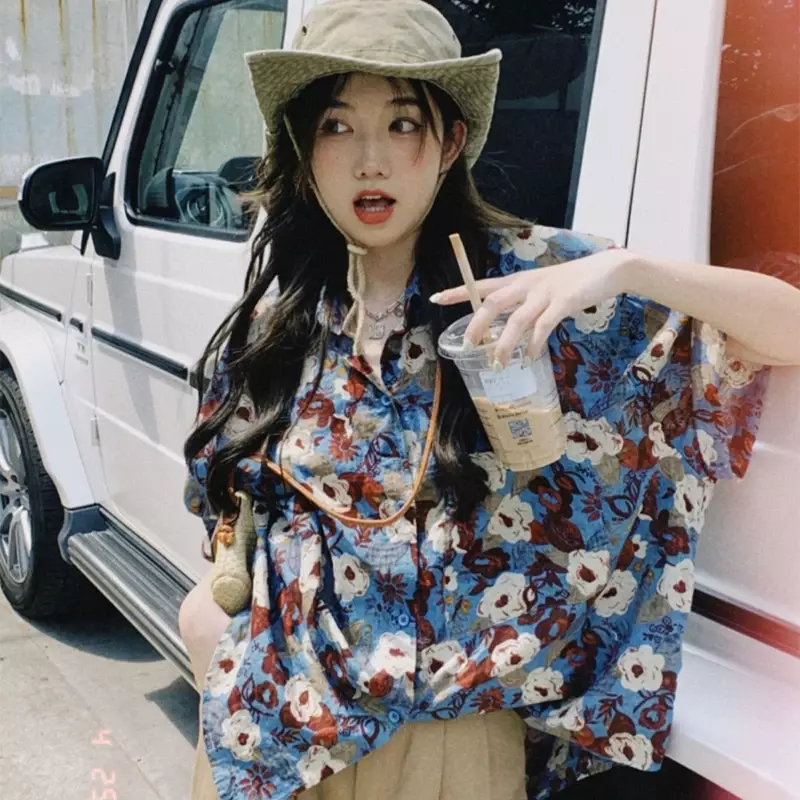 Camiseta Vintage de manga corta para mujer, blusa holgada de gasa con estampado Floral, Top estético informal de verano, 2024