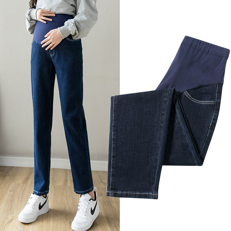 8989# Autumn New Fashion Dark Blue Denim Maternity Straight Jeans Elastic Waist Belly Pants Clothes for Pregnant Women Pregnancy