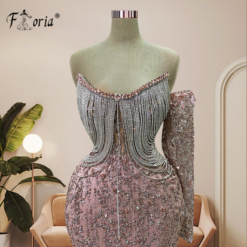 Sparkly Couture Pink Sequin Formal Evening Dress One Shoulder Sleeve Tassels Crystal Beads Mermaid Celebrity Party Dresses Prom