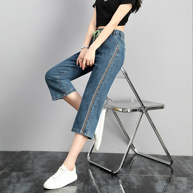 Calça jeans casual feminina, Capris, fina, elástica, cintura alta, solta, perna reta, streetwear, verão, 2022