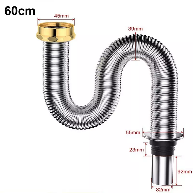 Aço inoxidável Sink Sifão para Banheiro, Válvula de drenagem de resíduos, Tubo flexível, 40cm, 60cm, Substituição