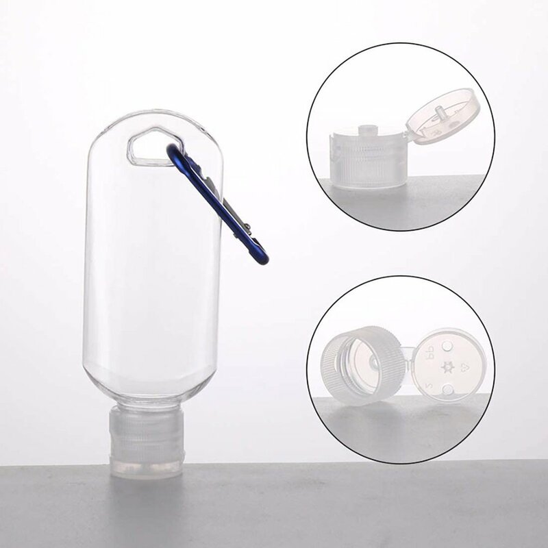 1Pcs 50ml Transparent Hand Sanitizer Empty Bottle Portable Flip Plastic Bottle Travel Container Random Carabiner Color