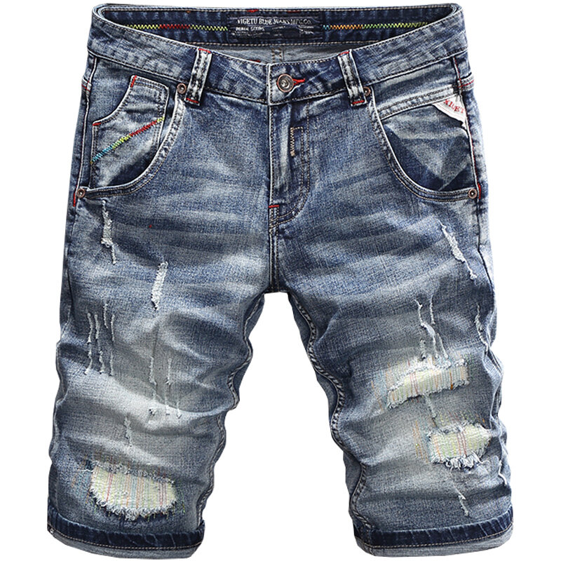 Pantalones vaqueros cortos rasgados de diseñador para hombre, Jeans de moda de verano, Retro, azul, bordado, Patchwork, corte ajustado, Vintage, informal