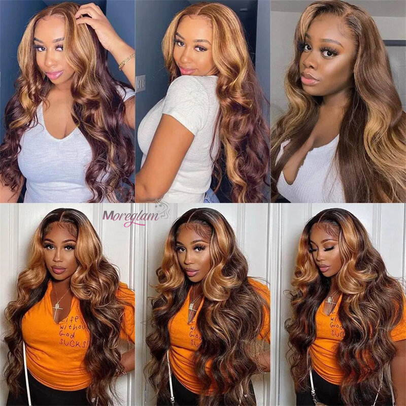Body Wave Highlight 13x4 180 Density Lace Frontal Wig 4/27 Ombre Color Remy Hair Wig Human Hair Transparent Brazilian Women Wig