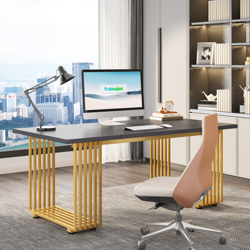 Tribesigns 70,9 дюйма современный представительский стол, деревянный офисный стол, серый простой компьютерный стол с золотистыми металлическими ножками