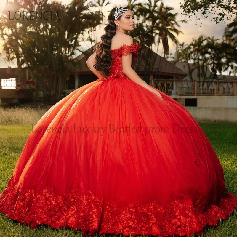 Изысканное красное бальное платье с открытыми плечами и 3D цветами, платья для Quinceanera, с бисером, без рукавов, кружевной корсет, платья 15 лет