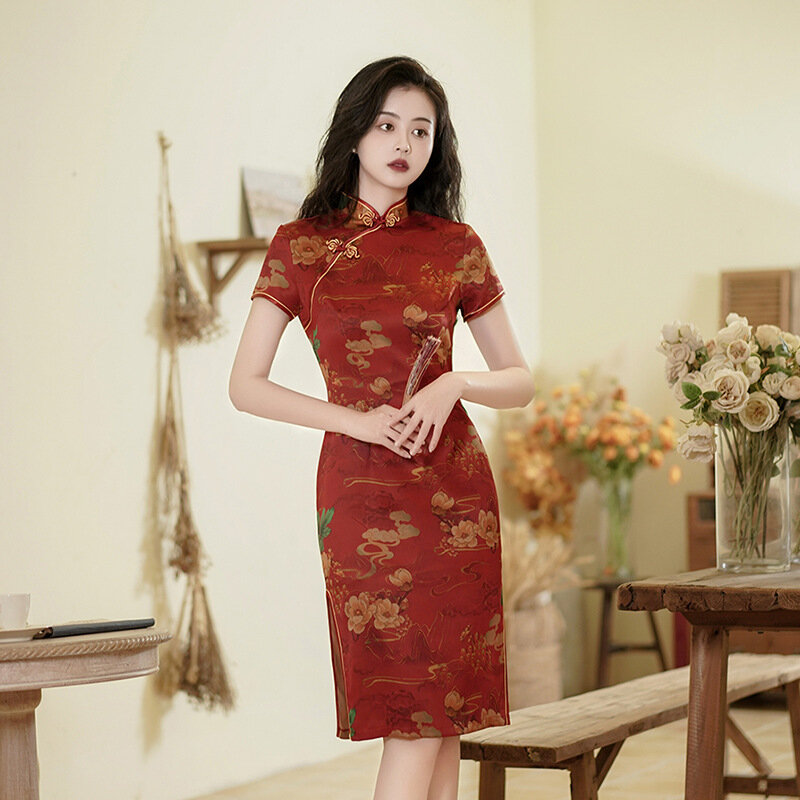 Qipao gaun Cheongsam wanita elegan, Gaun Tiongkok elegan anak muda musim panas tradisional seksi