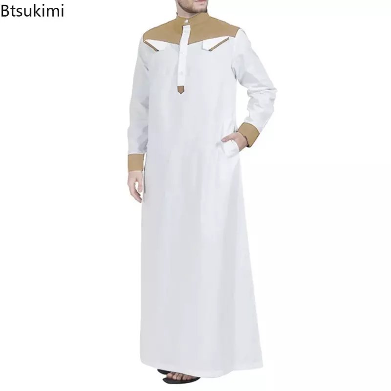 Caftan manga comprida confortável para homens, cor de contraste, veste muçulmana, roupas do Oriente Médio, gola mandarim, Thobe, 2022