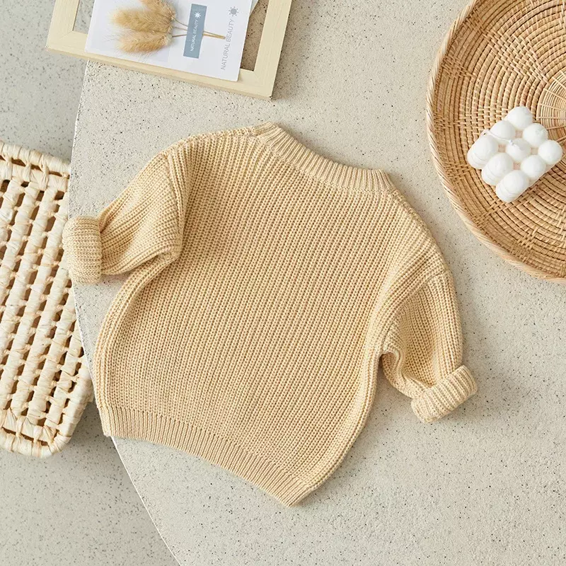 Suéter de malha monocromático para recém-nascido, manga comprida, suéter solto para bebê menina e menino, luxo e solto, 41USD-Super Sale, outono e inverno