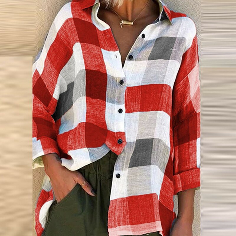Blusa holgada de lino y algodón con botones para mujer, camisa informal de manga larga con cuello vuelto y estampado a cuadros, a la moda