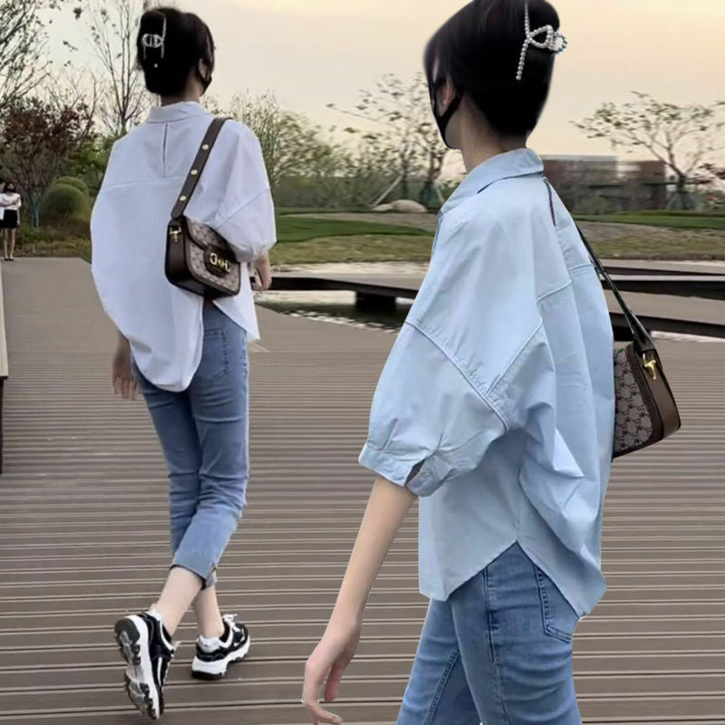 Katun Lengan Menengah Wanita Tipis Blus Shir 2024 Musim Panas Baru Longgar Mode Tidak Teratur Kemeja Kasual Liburan Atasan Pakaian Wanita Korea