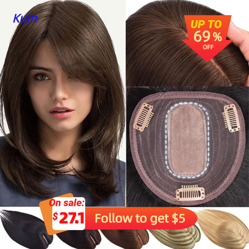 Kuin MA&Silk Base Women Topper Clip In 100% Human Hair Wigs Straight Hair Toppers For Women Hair Extensions Hairpiece With Bangs
