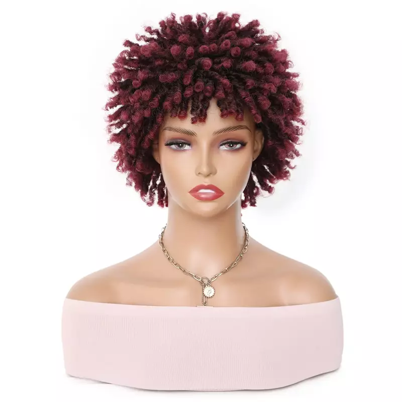 Short Dreadlock Wigs for Black Women, Ombre Burgundy Faux Locs Wig, Afro Curly Twist Wig, Kinky Curly Synthetic Wigs