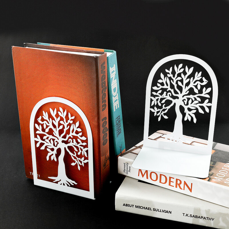 Árvore da Vida Desktop Book Termina, Office Bookend, Home Bookend Gift, Prateleiras de livros, Ferro Book Rack, Branco