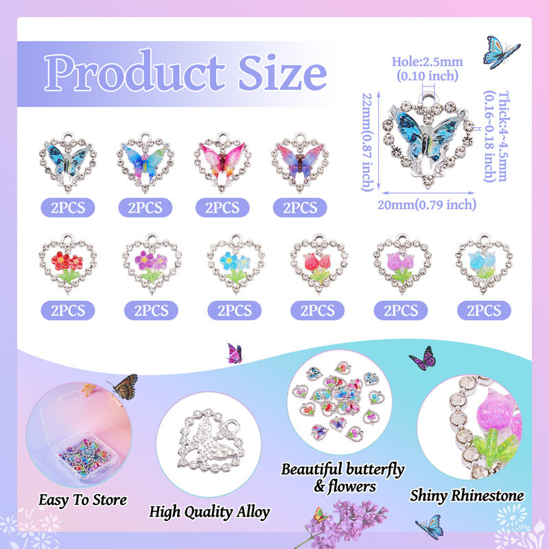 20 buah paduan berlian imitasi hati dengan bunga liontin kupu-kupu jimat untuk DIY anting kalung membuat perhiasan