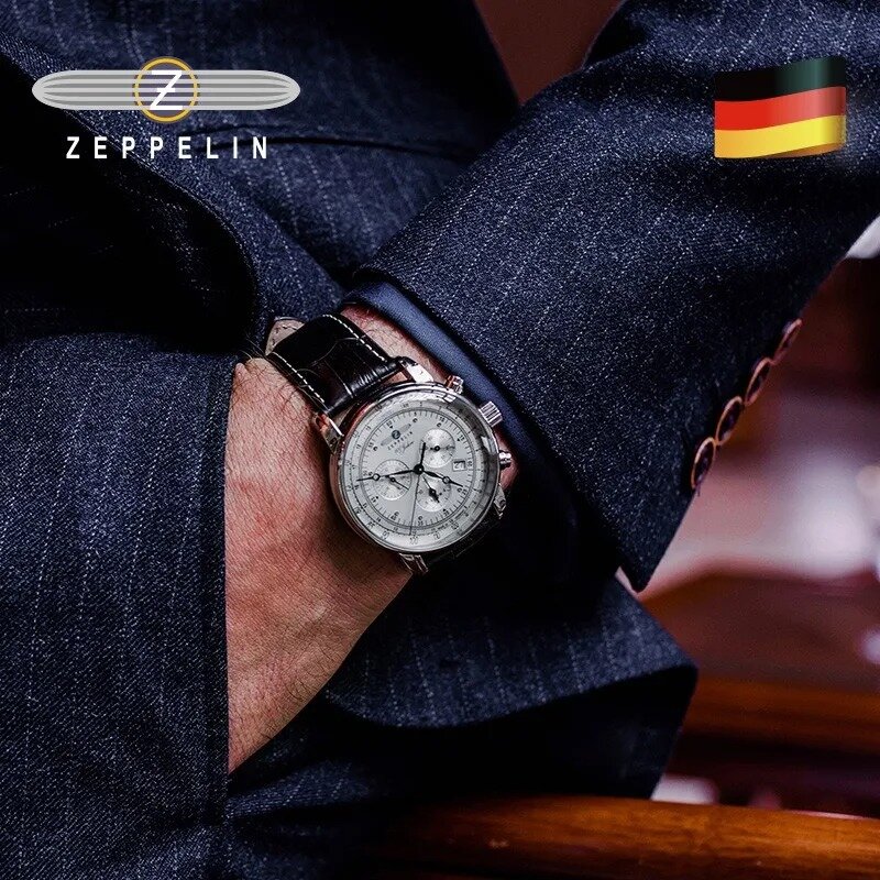 Relógios de luxo originais masculinos, data automática, movimento quartzo, relógio de pulso multifuncional, relógio zeppelin masculino na moda, 2024