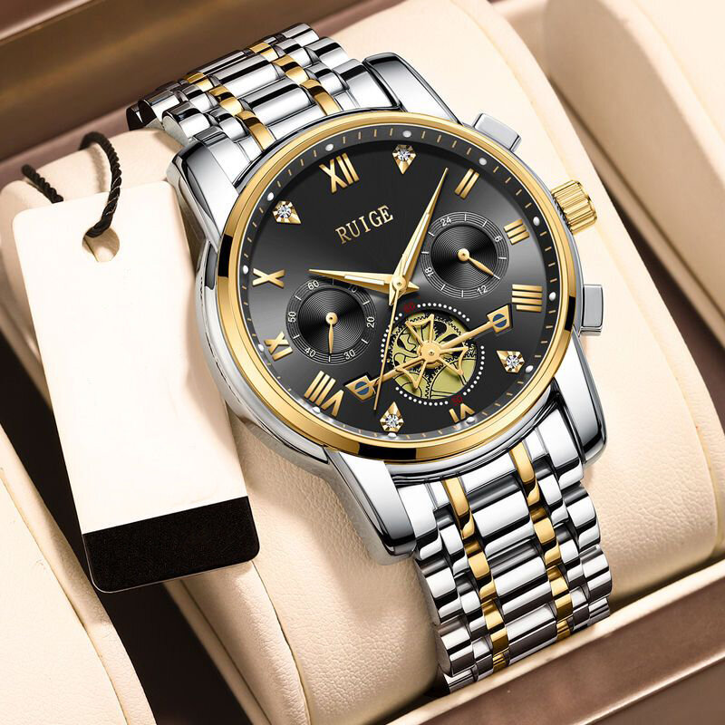 Swiss brand RUIGE genuine watch steel band men's watch fashion classic luminous waterproof ultra-thin watch