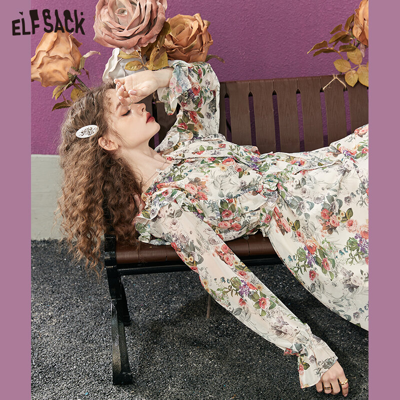 ELFSACK French Chiffon Floral Dress Women 2023 Spring High Waist Daily Dress
