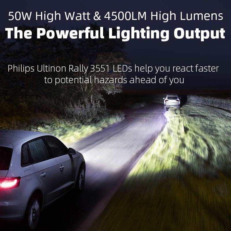 Philips Ultinon Rally 3551 LED H4 H7 H11 HB3 HB4 HIR2 Max Power 50W 4500LM Car Headlight 6500K White Max Lumen Watt LED Bulbs 2X