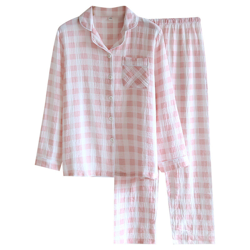 女性用2層糸パジャマ,シンプルなルーズチェックパジャマ,長袖パンツ,家庭用スーツ,上質なラウンジウェア,秋,綿