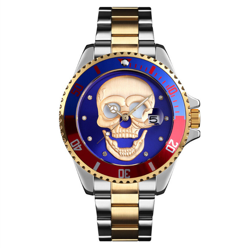 Homens luxo aço inoxidável quartzo luminoso relógios de pulso, relógio crânio, esqueleto, relógio masculino, impermeável, nova moda