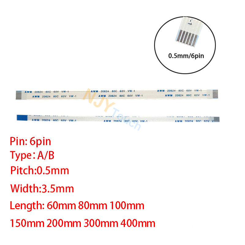 1Pc 6Pin 0.5mm Pitch FFC FPC AWM 20624 80C 60V VW-1 A B Type Flat Flexible Cable 60/100/150/200/250/300/400mm Wire