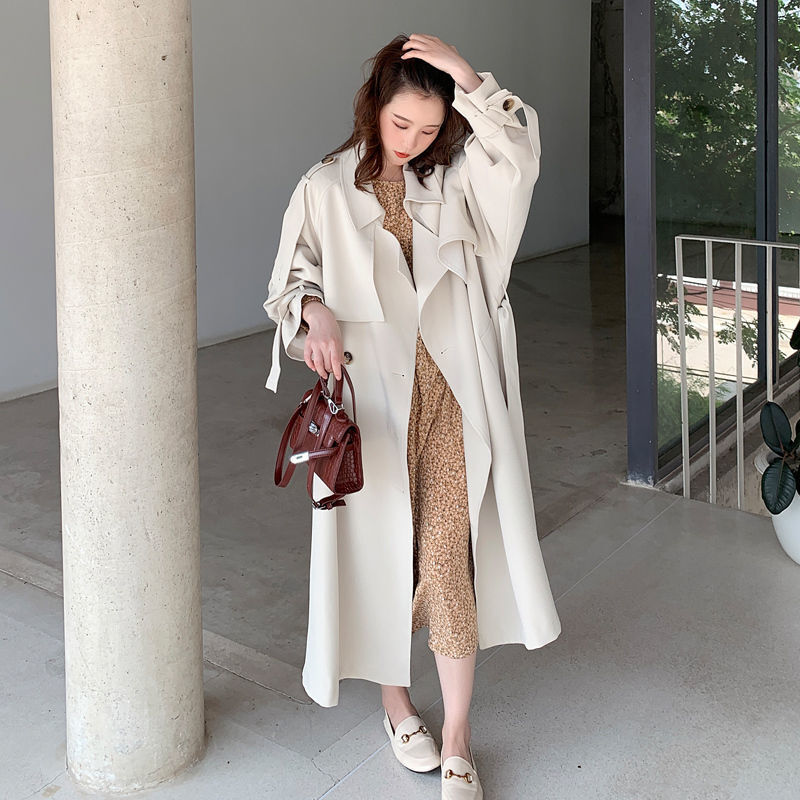 Korea luźny, typu Oversize dwurzędowy długi płaszcz kobiety biały czarny płaszcz prochowiec wiatrówka Lady odzież wierzchnia ubrania wiosenne