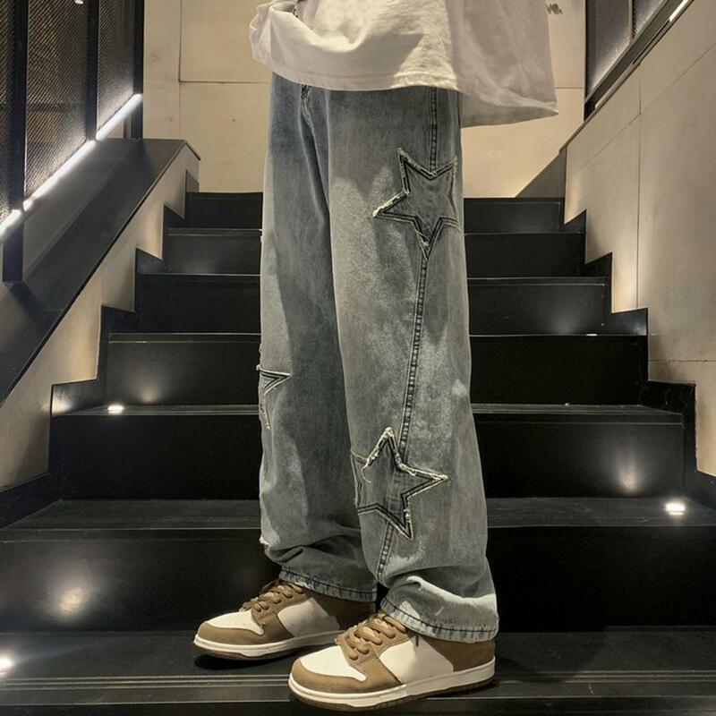 Fashion Flame Embroidery Men's Jeans Neutral Wide Leg Denim Trousers Loose Straight Jeans Youth Casual Baggy Hip Hop Pants 2023