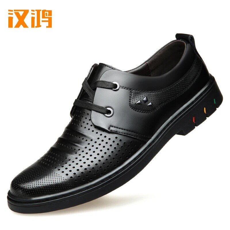 Han Hong Dad's Shoes Soft Sole Anti slip 2024 Summer New Breathable Sleeve Foot Hollow Men's Leather Shoes Genuine Leather