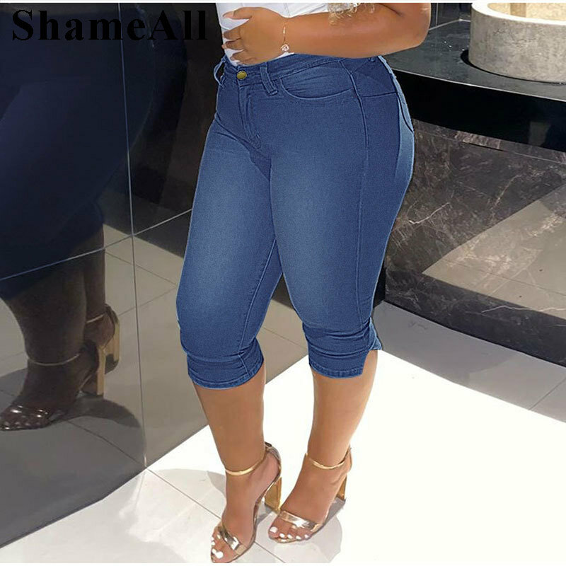 Jeans elásticos vintage com comprimento do joelho, mãe Jeans, Calções Calça, Azul Médio, Skinny Pant, Plus Size, 3, 4, 5XL
