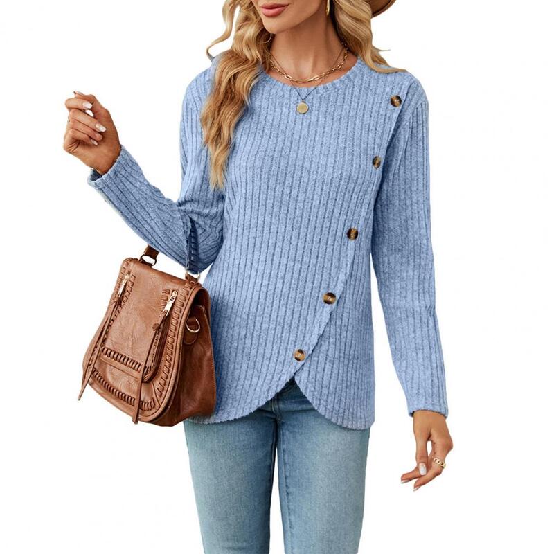 Cozy Solid Color Knitwear Cozy Stylish Women's Fall/winter Sweater Button-adorned Thick Knit Pullover with Asymmetric Hem Soft