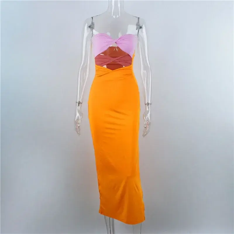 Летние пляжные платья без рукавов с открытой спиной, женское облегающее платье средней длины в стиле пэчворк 2024 Y2K без бретелек, сексуальное женское платье 20460